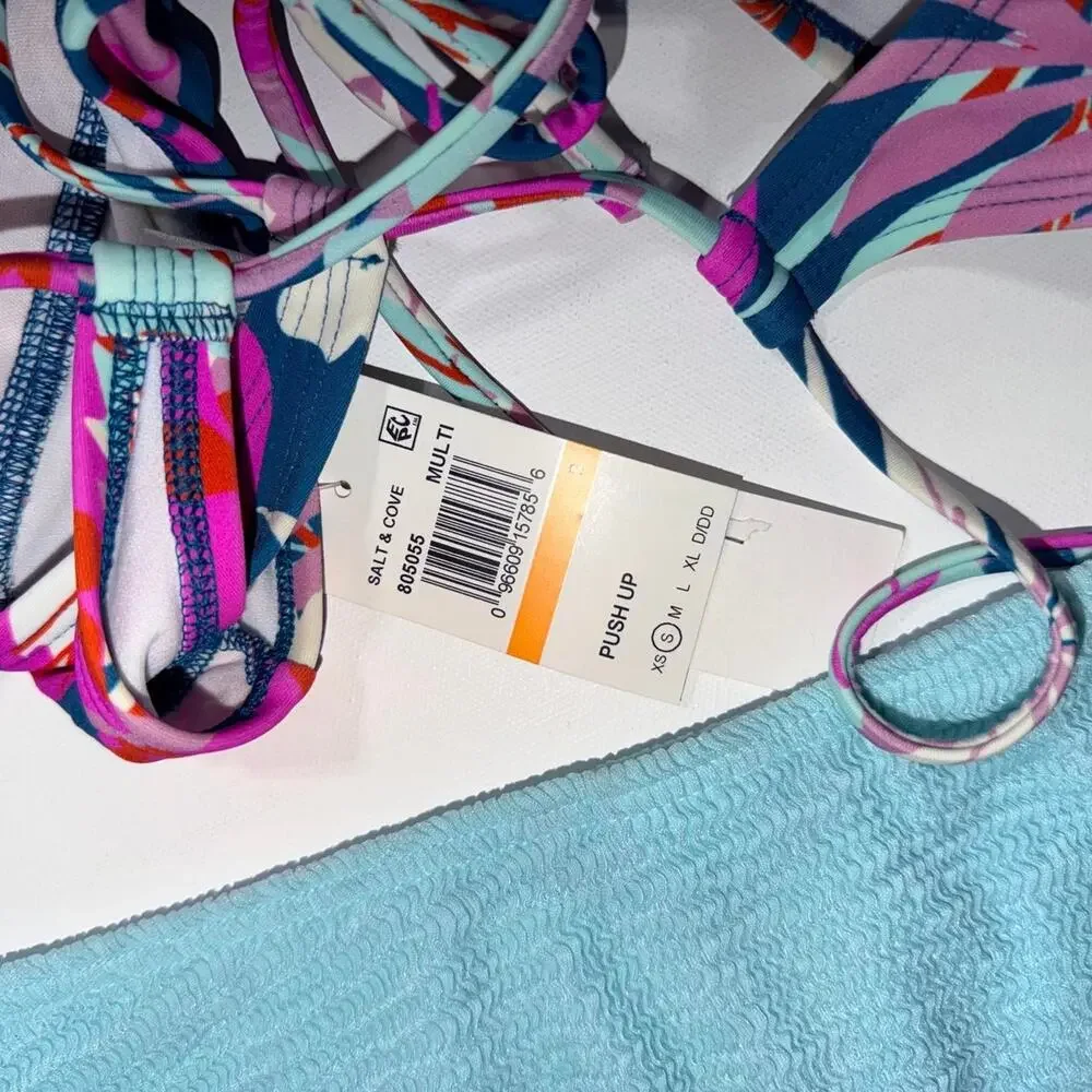 Salt + Cove bikini top with Vince Camuto multicolored floral and leaf print top